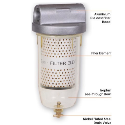 Ketta 1 inch BSP(F) standard clear bowl fuel filter with drain tap 10 micron