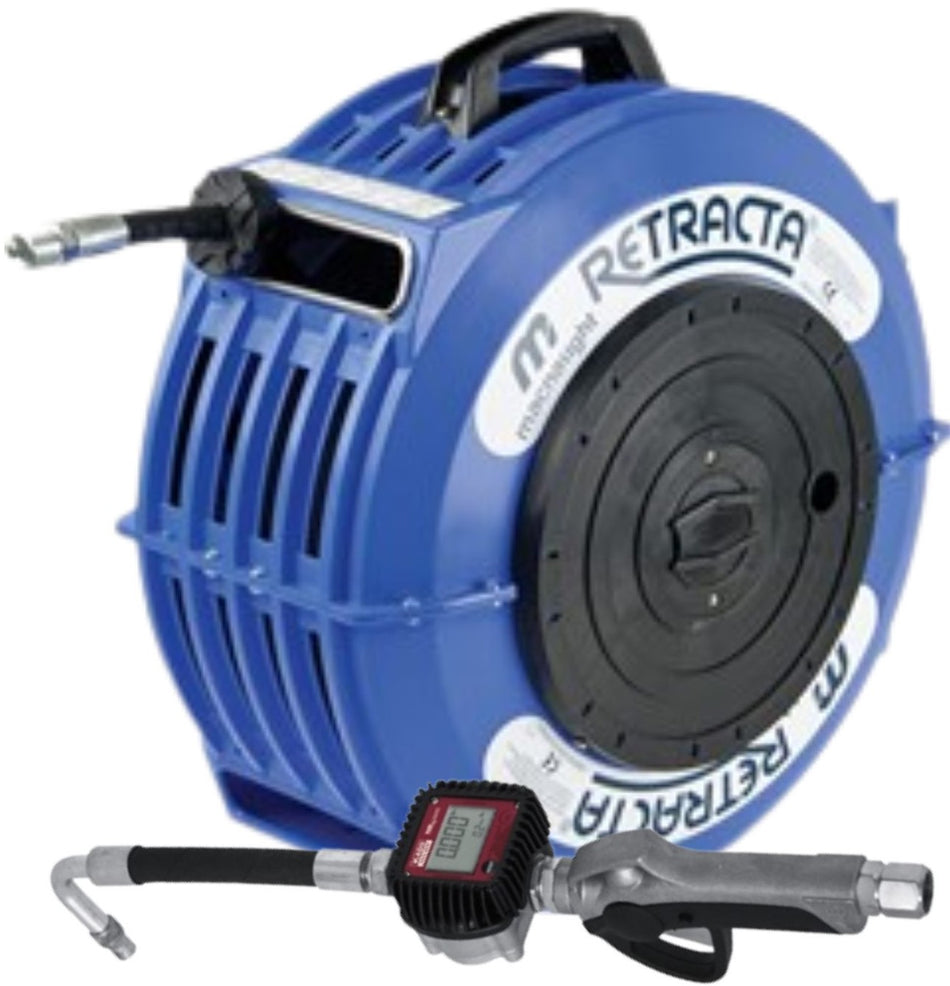 Retracta OMP415B-01 R3 Premium Blue spring rewind reel with 15 m x 13 mm (1/2 inch) oil hose and K400 oil nozzle