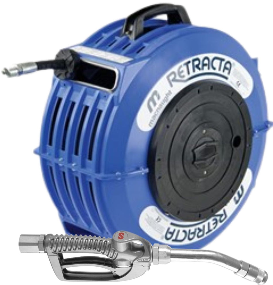 Retracta OMP415B-01 R3 Premium Blue spring rewind reel with 15 m x 13 mm (1/2 inch) oil hose and oil nozzle