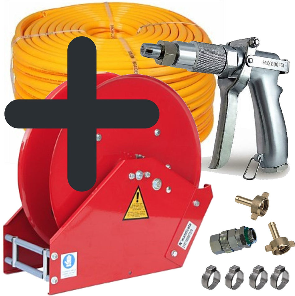 Sauro Rossi retractable hose reel with 15 m x 10 mm (3/8 inch) ag-spray hose and K-pistol kit