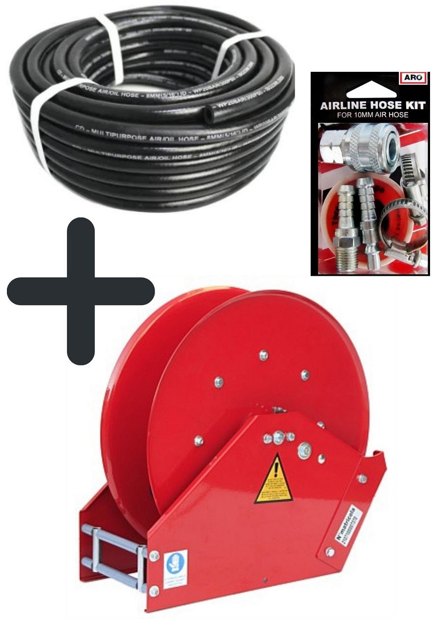 Sauro Rossi Auto A2 retractable air hose reel with 25 m x 13 mm (1/2 inch) air hose and coupling kit