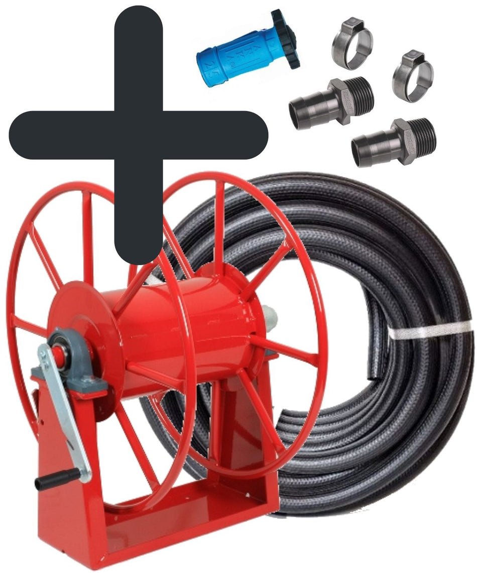 Sauro Rossi Magnum Golia hose reel kit with 100 m x 19 mm (3/4 inch) Esdan FireTex black hose and wash-down nozzle