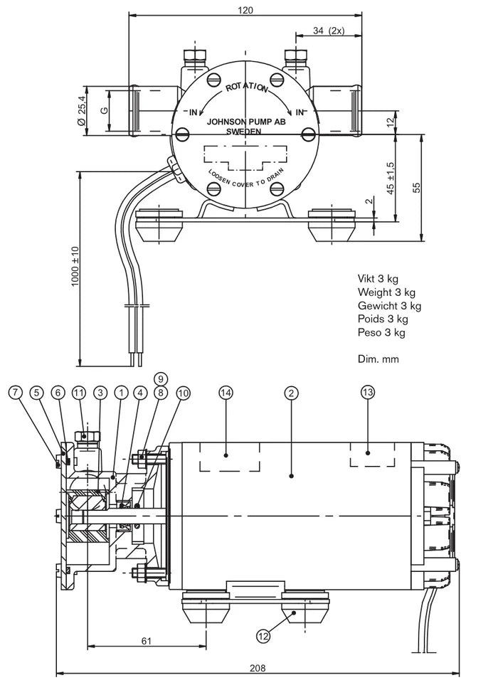 Johnson F4B-19 flexible impeller pump 12/24v DC options 1/2 inch NPT(F) 0.6 bar 48 lpm